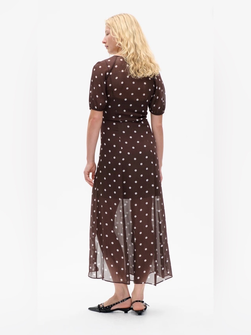 Polka Dot Ruffle Midi Dress in Brown - Picture 2 of 4